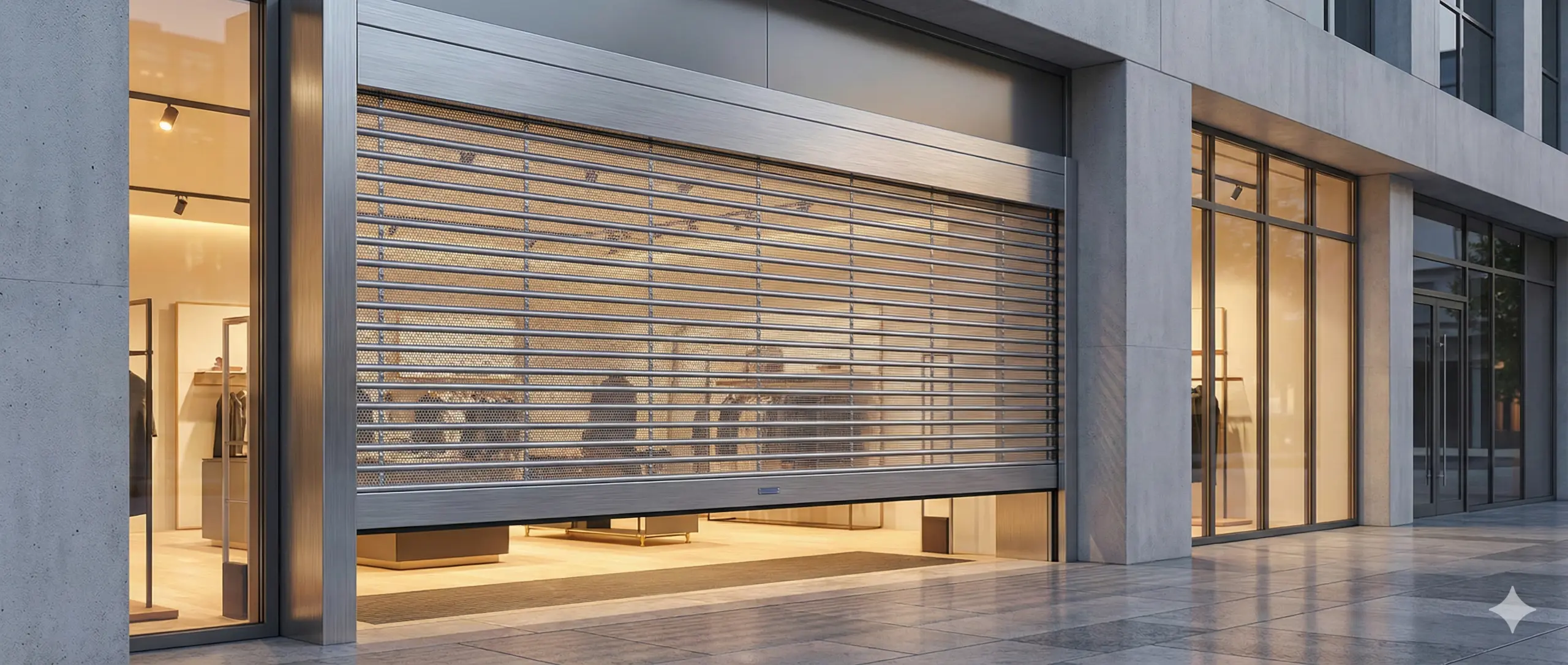 Professional installation of a rolling aluminum security grille in a commercial mall